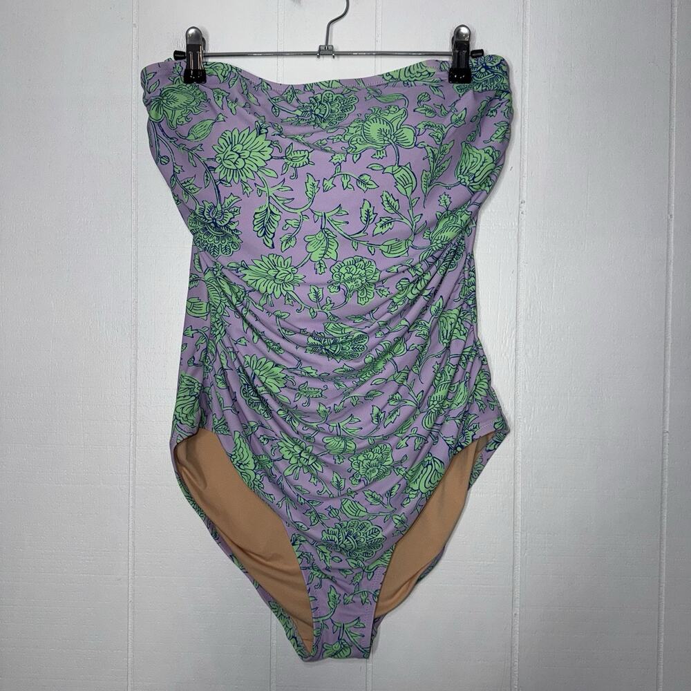 J.Crew Women’s Gemma Ruched Bandeau One Piece Swimsuit Iris Floral Size L